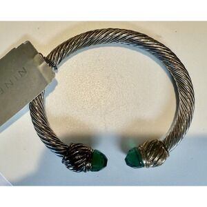 Nine West Twisted Cable Cuff Bracelet Silver Tone Green Faceted Ends Vintage